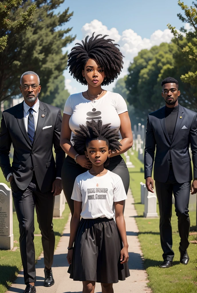 Couple with a black woman with black power hair and a tall black man accompanied by a thin teenager in a cemetery 