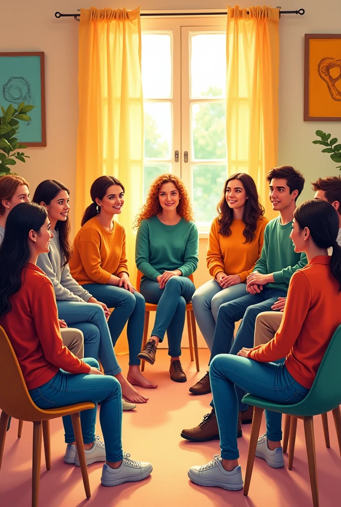 group therapy, ten people sittin on chairs, forming a circle, walrm colors, crayon illustration
