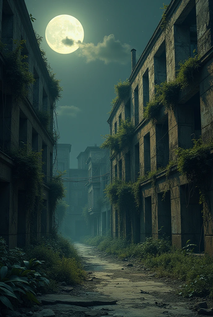 Surreal abandoned buildings, fallen into ruin,broken,Armageddon,Dilapidated buildings,Buildings invaded by plants,la nuit,black sky