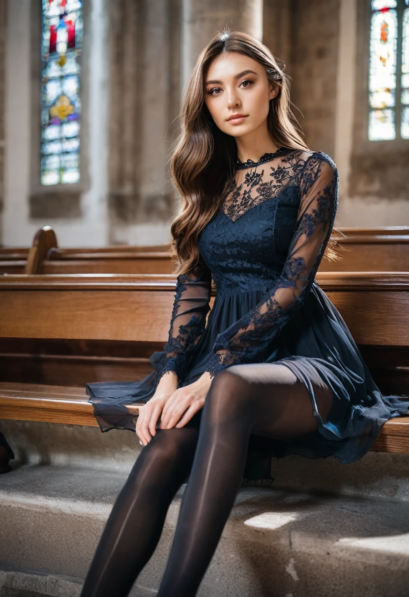 young brunette woman, beautiful eyes. long brown hair. Short chiffon lace dress, Tights, 项链, transparent lip gloss, narrow building, Pretty, 2, Full body photo, long legs, Satin top, Sitting in a church and looking around, looks stunning. is enthusiastic. Beautiful shoes