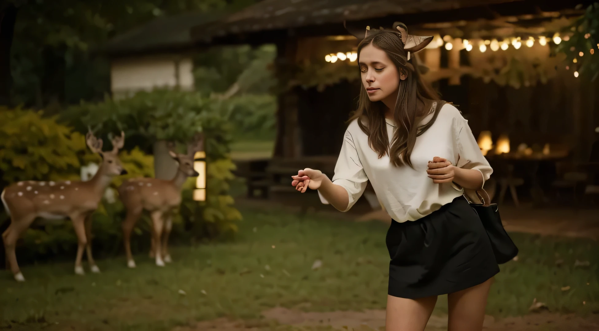 (Best quality, 8k, 32k, Masterpiece, UHD:1.2) "In the peaceful confines of a deer park, a girl stands amidst a large group of deer, each one expressing a gentle and sentimental connection with her. The sunlight filters through the canopy of trees, casting a warm glow over the scene. The deer, ranging from delicate fawns to majestic adults, approach the girl with a sense of calm and trust. One doe rests her head softly against the girl's shoulder, while another nuzzles at her hand, seeking affection. A pair of fawns stand close by, their large, inquisitive eyes filled with curiosity and a quiet bond. The girl kneels to offer a few handfuls of grass, and the deer respond with a tender eagerness, their soft fur brushing against her arms as they eat. The air is filled with the soft rustling of leaves and the quiet breaths of the animals, creating an atmosphere of serenity and mutual respect. The entire scene exudes a gentle connection between the girl and the deer, as though they share a silent understanding of each other's presence, making this moment in the deer park both heartwarming and profoundly serene." ((deer)) ((horns)) ((deers))