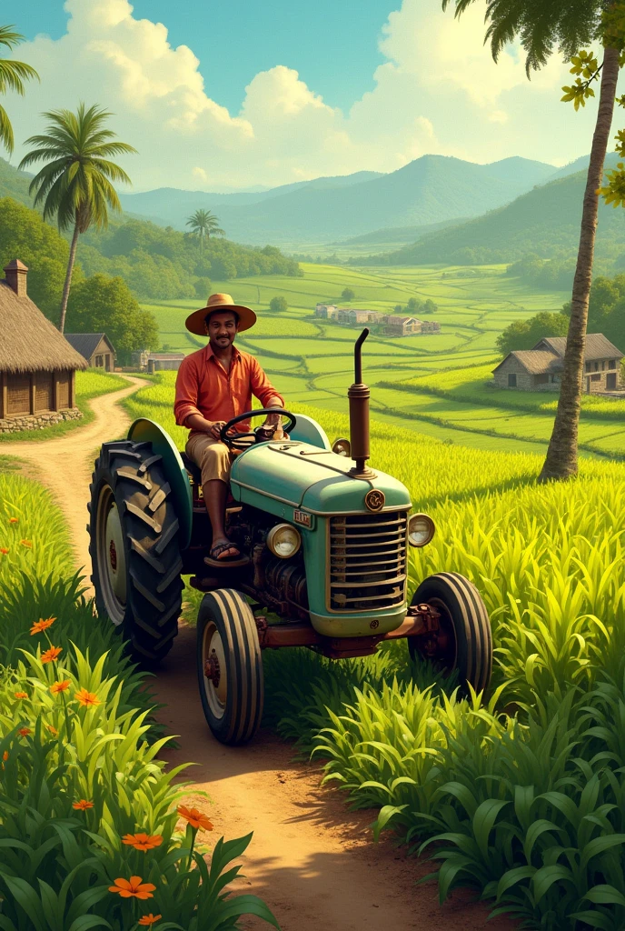 Villages in india in 1960 tractor, crops, fields 