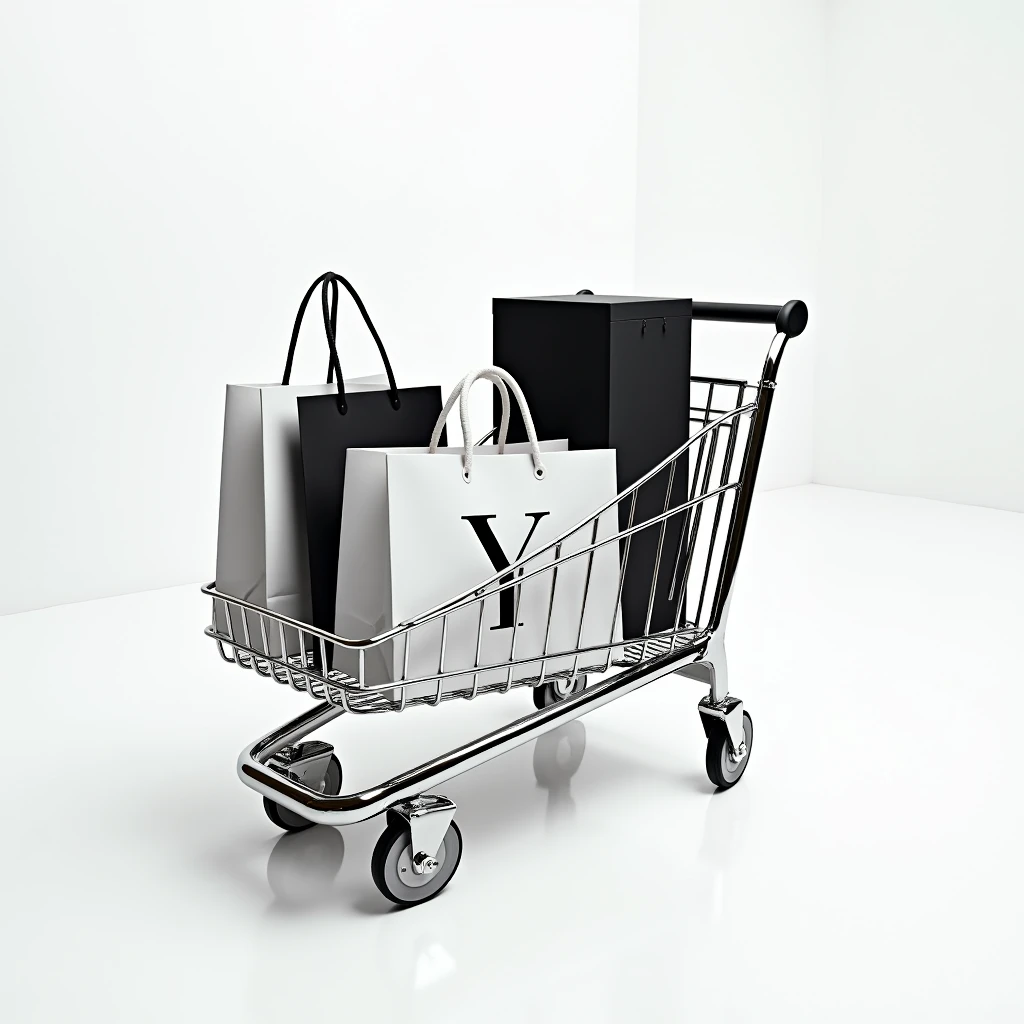 A luxurious silver vintageSilver Chrome Luxury Hotel Luggage Trolley Cart . The cart is stacked with XXL mega large wide white BOSS shopping bags featuring bold black logos and white handles. Also included are thin matte black boxes. Set against a clean white studio background, the design emphasizes elegant branding and minimalist luxury. photopgraphy