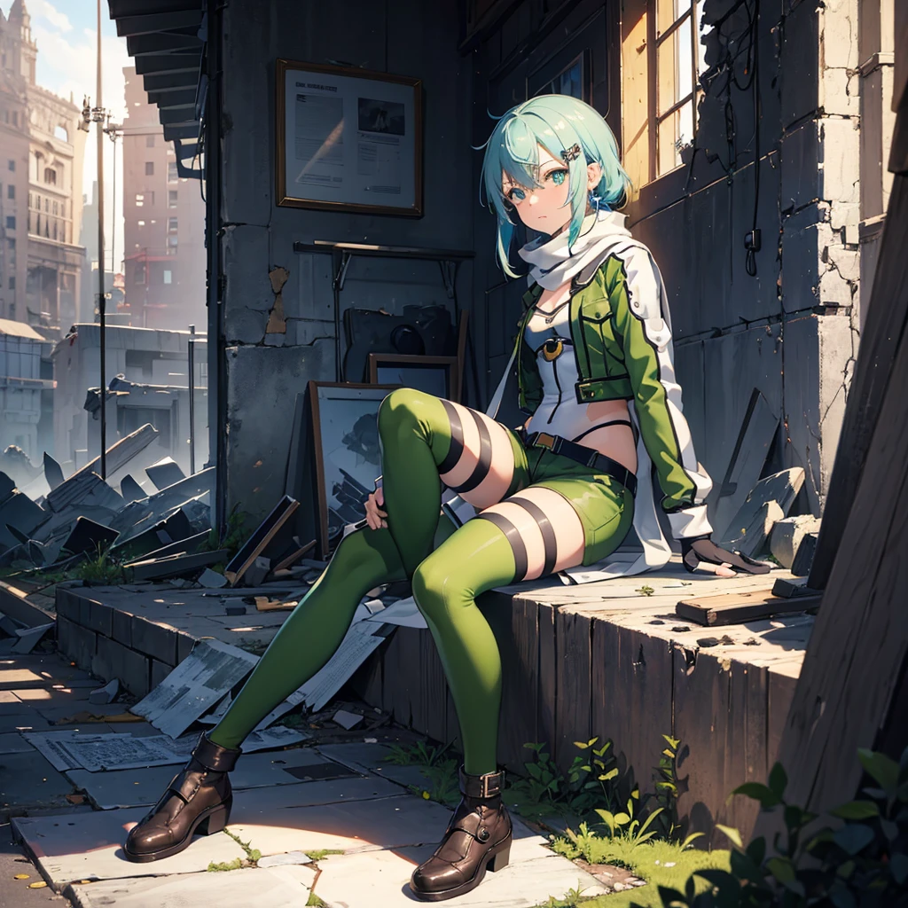 (masterpiece), Highest quality, Expressive eyes, Perfect Face, High resolution, 1 person, alone, Chinon 1, scarf, Fingerless gloves, Long sleeve, Short shorts, hair ornaments, Hair Clip, Green knee socks, Green jacket, Thigh straps, Ruins Background, Destroyed building, Raise your knees, Sitting on the floor, Upper body portrait, Looking at the audience
