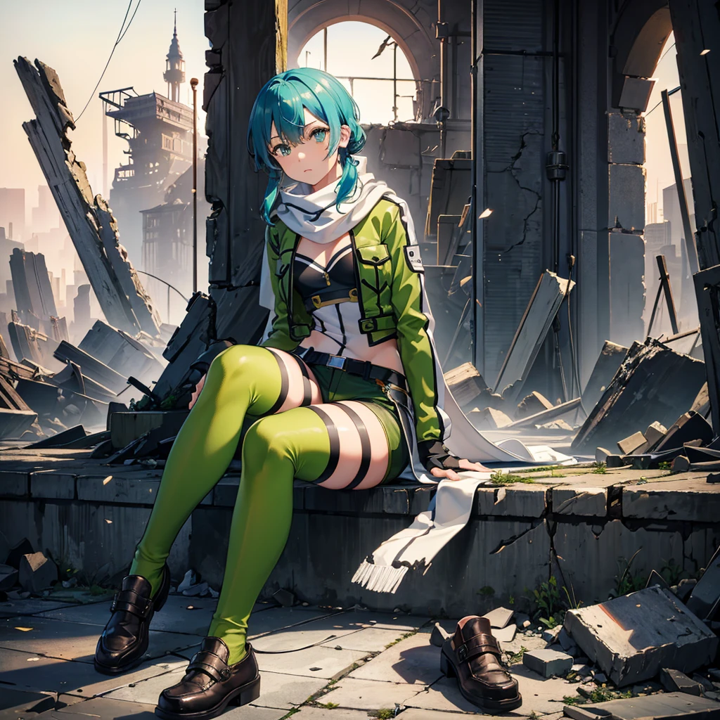 (masterpiece), Highest quality, Expressive eyes, Perfect Face, High resolution, 1 person, alone, Chinon 1, scarf, Fingerless gloves, Long sleeve, Short shorts, hair ornaments, Hair Clip, Green knee socks, Green jacket, Thigh straps, Ruins Background, Destroyed building, Raise your knees, Sitting on the floor, Upper body portrait, Looking at the audience