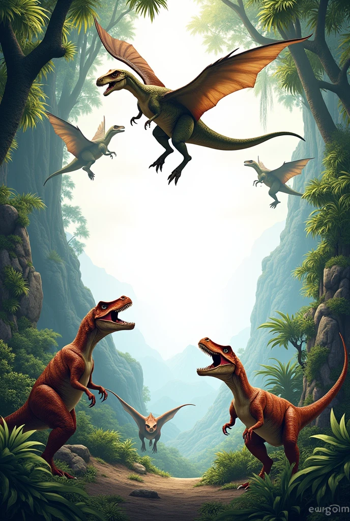 Jurassic World themed birthday invitation template, with flying dinosaur and other tyrannosaurs, more space to insert text and a Jurassic Park style banner at the top that says DANIEL, In Portuguese.