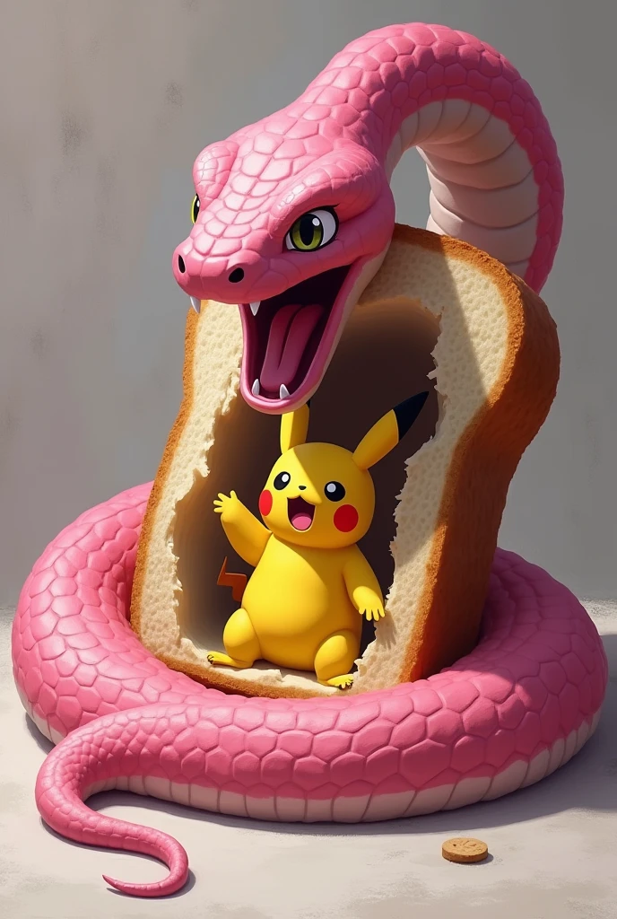 a pink snake aggressively eating a bread with pikachu inside