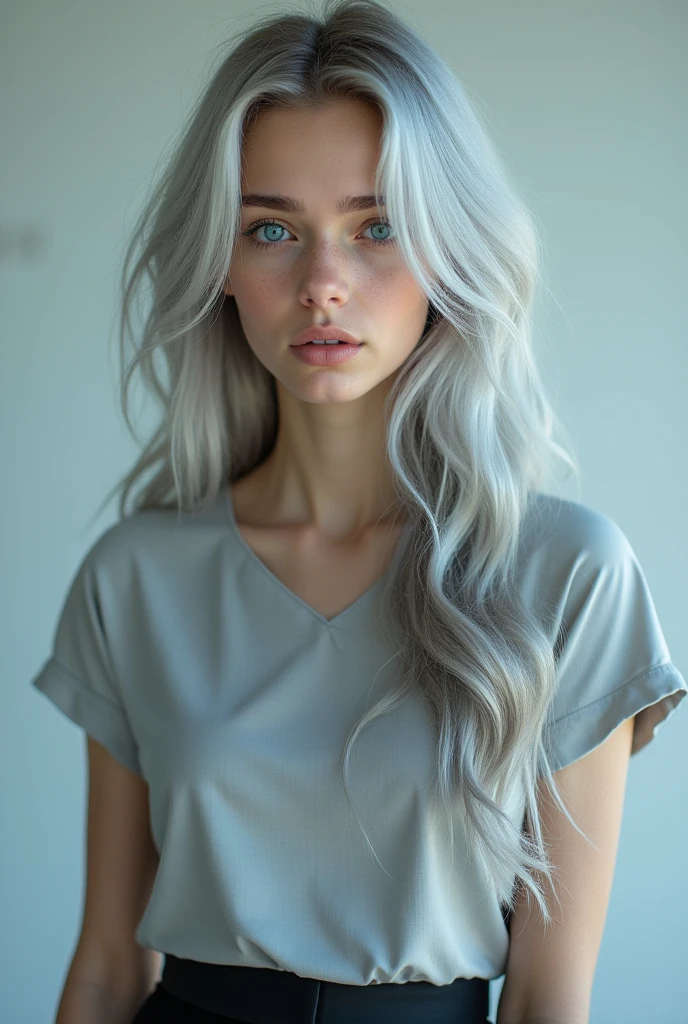 realistic photoshoot , pretty girl, one girl, attractive whitish light blue eyes, , silver hair, Koko jormungand, business clothing, skirt, realistic photograph, NSFW