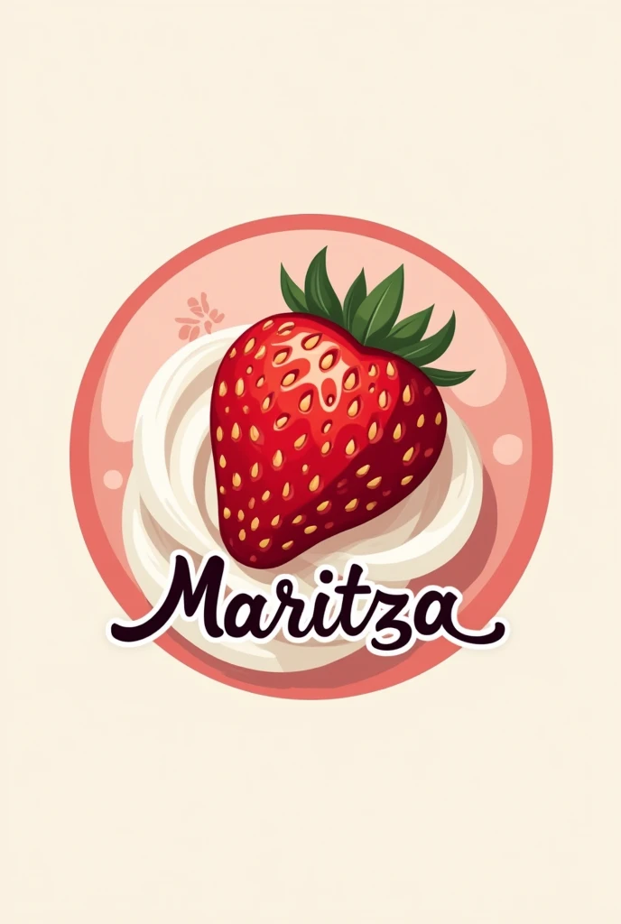 Create a circular logo for an edible product with text and a strawberry and cream theme, with the name of Maritza in Spanish