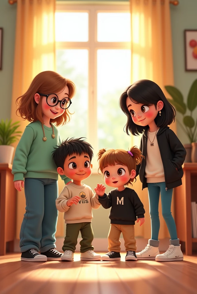 Disney Pixar style cover with a group of 4 friends of 3 girls and a boy playing together in a nice light colored room in warm tones with a big window. The first girl with white skin and short wavy light brown hair, Brown eyes con lentes, dressed in blue pants and a pastel emerald green sweater with black Vans sneakers. The second girl with slightly less white skin, long straight dark brown hair, Brown eyes con lentes, necklace with the letter M, dressed in blue pants, white top, black jacket and black converse sneakers. The third girl with light brown shoulder-length straight hair, Brown eyes, wearing beige pants, black top, white sweater with a small crown on the head and white sneakers. The boy with short wavy black hair, dark slanted Chinese eyes, olive green pants dress and beige sweatshirt with white sneakers.