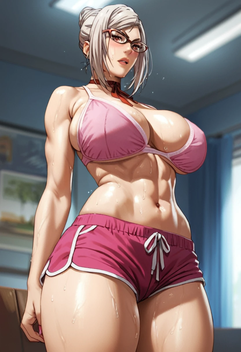 score_9_up, score_8_up, score_7_up, meiko shiraki, massive tits, sweaty, sweatdrop,  tits, solo, tits focus, shorts, close-up, pink bra, from front, thighs, dolphin shorts, indoors, best quality, high quality, score_9_up, score_8_up, score_7_up, big tits, fat tits, massive tits