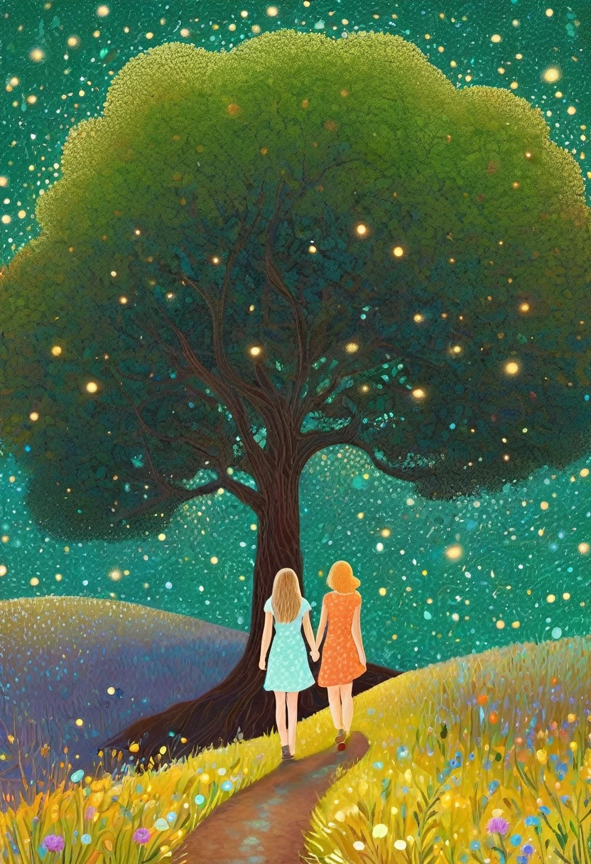 Digital illustration Art, twogirls, gemeas, brown illustrated hair, walking together on a magical path, Background of Green árvores and Hills, vivid Ferdinand du Puigaudeau, victor nizovtsev, tons vintage, twinkling, luminescent, Reflections, best number, 8k, High definition, high resolution. Double exposure,illustration,Beautiful Digital illustration.