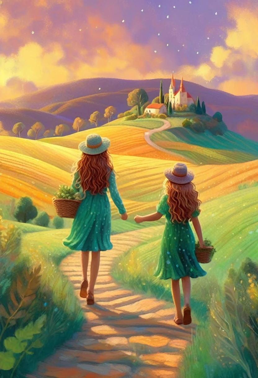 Digital illustration Art, twogirls, gemeas, brown illustrated hair, walking together on a magical path, Background of Green árvores and Hills, vivid Ferdinand du Puigaudeau, victor nizovtsev, tons vintage, twinkling, luminescent, Reflections, best number, 8k, High definition, high resolution. Double exposure,illustration,Beautiful Digital illustration.