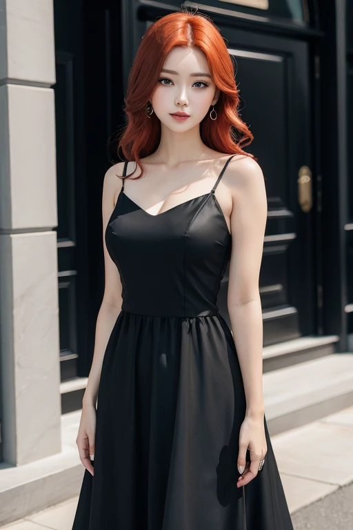 Redhead woman wearing black dress