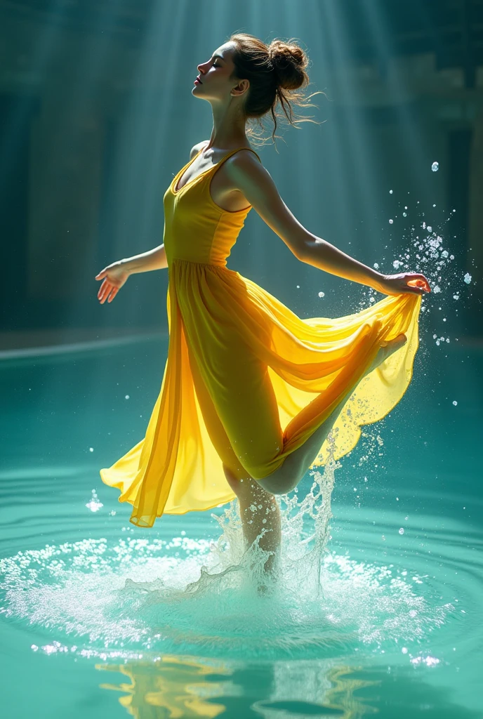 ((Genuine image)) ((top model beauty)) ((winning photograph)) ((top model beauty)), woman ((dancer)) of ((classical ballet)), ((dancing on turquoise water)), ((model face)) ((respects face shape)) with a ((intense yellow dress)), raises her leg splashing the water making a parabola with the jet, cinematic light, ethereal atmosphere, ((soap bubbles with expressive multicolours)) ((vivid colours)), ((studio lighting)) ((Side, front and overhead light)) ((fashion photography)), subtle and delicate, 4K, ((real photo)), ((intrinsic details in lights and shadows)), hdri