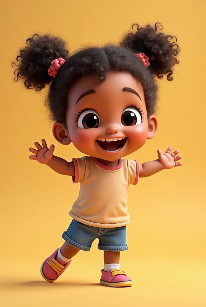 child, curir with two braids in the hair, eyes black, Grinning,whole body