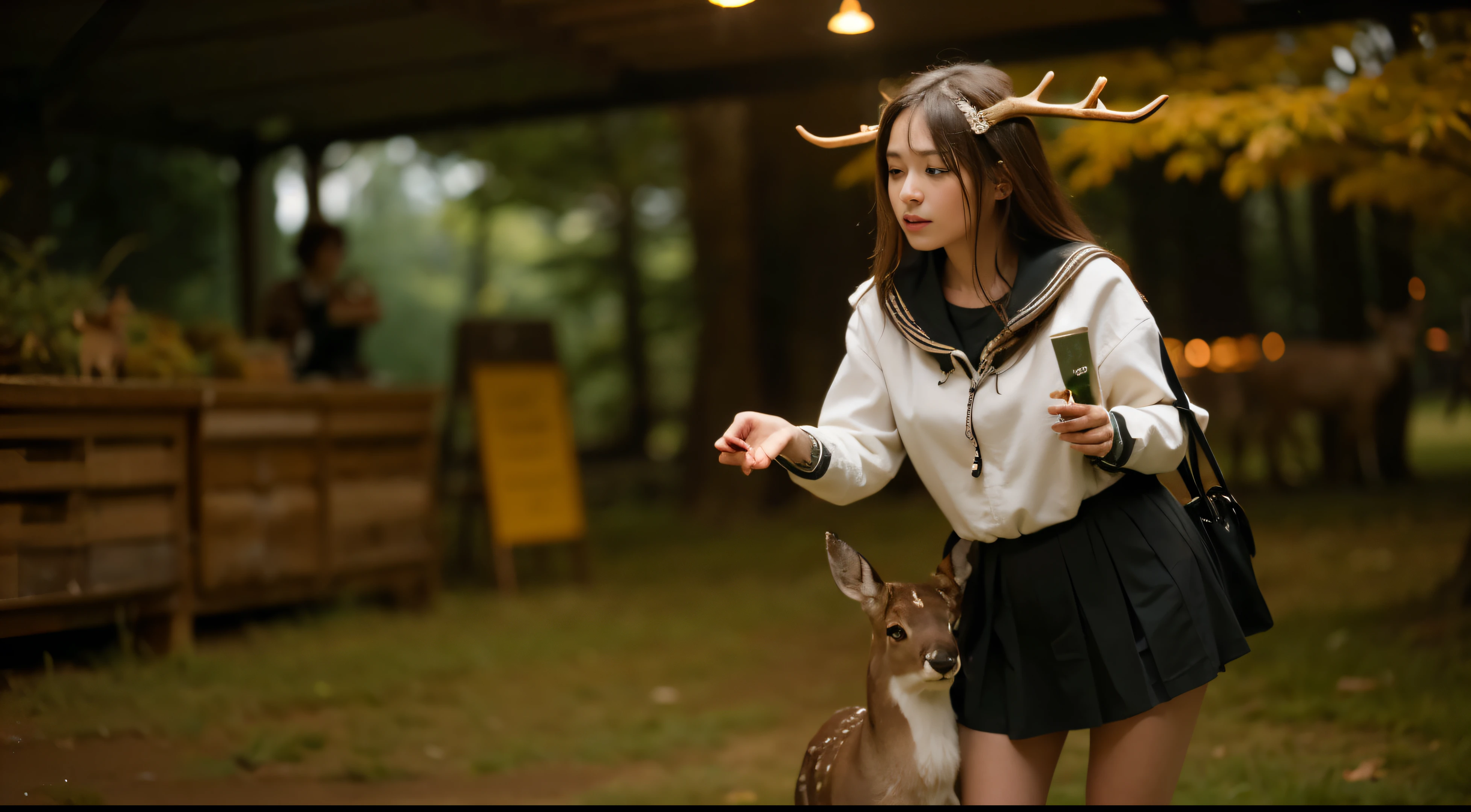 (Best quality, 8k, 32k, Masterpiece, UHD:1.2) "In the peaceful confines of a deer park, a girl stands amidst a large group of deer, each one expressing a gentle and sentimental connection with her. The sunlight filters through the canopy of trees, casting a warm glow over the scene. The deer, ranging from delicate fawns to majestic adults, approach the girl with a sense of calm and trust. One doe rests her head softly against the girl's shoulder, while another nuzzles at her hand, seeking affection. A pair of fawns stand close by, their large, inquisitive eyes filled with curiosity and a quiet bond. The girl kneels to offer a few handfuls of grass, and the deer respond with a tender eagerness, their soft fur brushing against her arms as they eat. The air is filled with the soft rustling of leaves and the quiet breaths of the animals, creating an atmosphere of serenity and mutual respect. The entire scene exudes a gentle connection between the girl and the deer, as though they share a silent understanding of each other's presence, making this moment in the deer park both heartwarming and profoundly serene." ((deer)) ((horns)) ((deers))