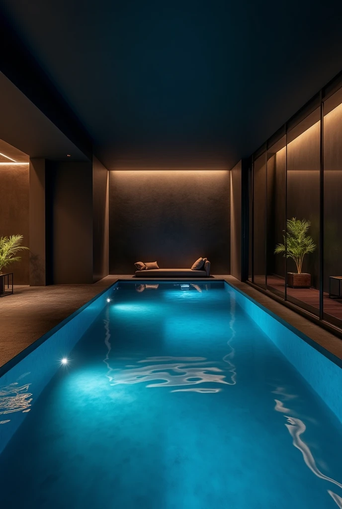 Luxury indoor swimming pool, dark interior, aesthetic, , lenth 16: width 9 ratio picture, without people,