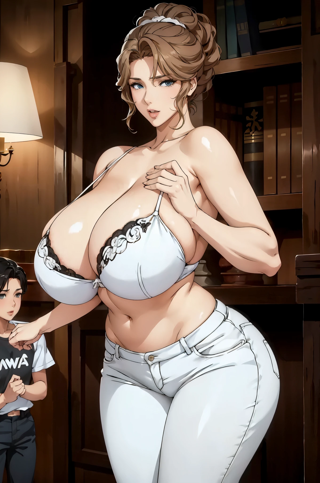 Maria_VM, mom and son, mom and son, sexy mom seducing son, Arafed woman wearing a white bra top and jeans posing for a photo with her 9 year old son , white bra, sexy girl seducing boy , beautiful figure, Arte Pinup, Beautiful and seductive for son anime woman, stunning sexy figure for son , beautiful photo of sexy woman seducing boy , beautiful comic art, beautiful female body, sexy model seducing boy,