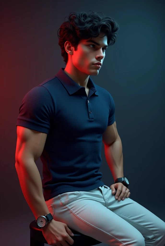 A  tan boy with big muscles and black wave hair on it and navy blue polo t shirt and white color long trouser and wearing a old watch. black color loafers and sitting in the black stool and black background red and blue light . The boy is turning right side 