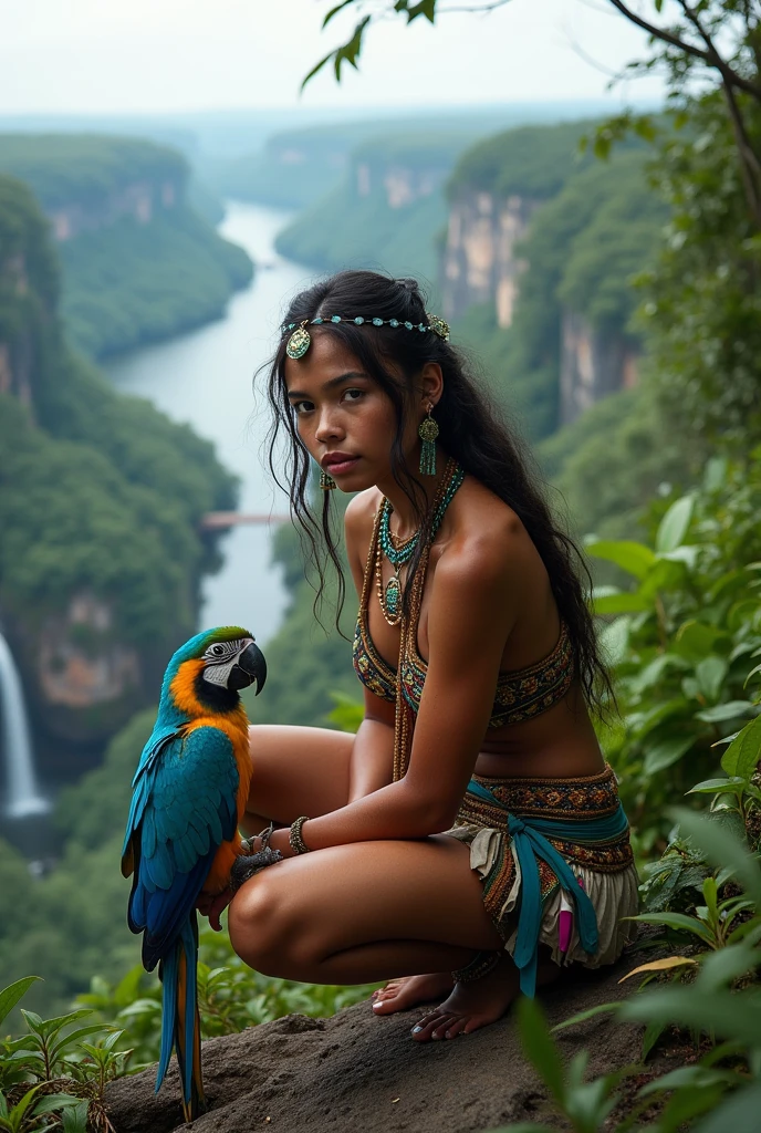 A beautiful Brazilian Indian, indigenous to the Americas and not African, characterized according to how a Tunambá or Tapajó woman dresses, with a very cute face and an athletic body with a blue macaw on a very high peak in the Amazon rainforest from where you can see the river and waterfalls, but the river must run on a plain, the woman should be facing forward and slightly crouched among tropical bushes.