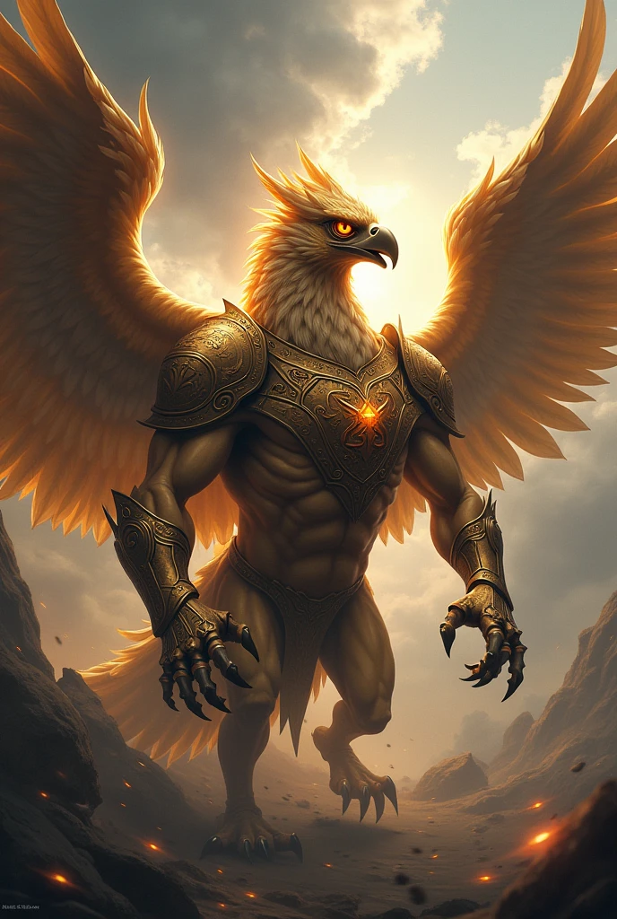 An angry griffin with armor and a tornado around it