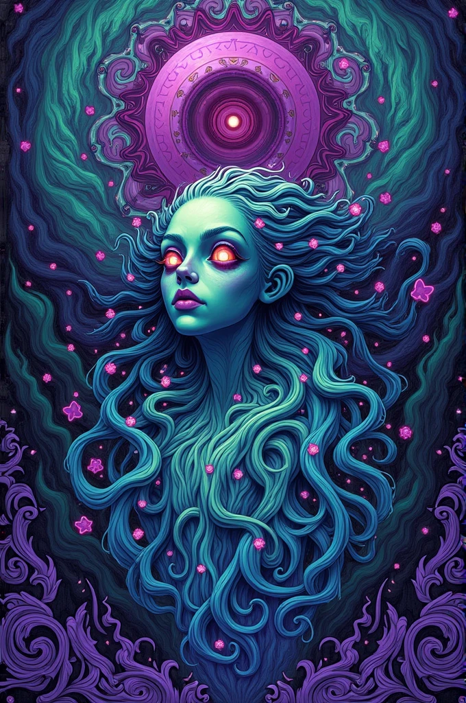 I would like to create a design that will go on denim jackets with a very purple and blue color but also too green and hallucinogenic.