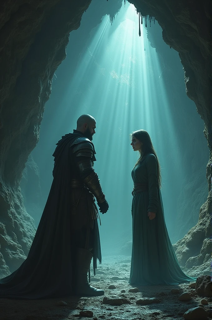 "The warrior and the sorceress face their worst nightmares in a cave, with haunting visions and ghostly lights all around. Their courage begins to shine like a light in the darkness.". super realistico.