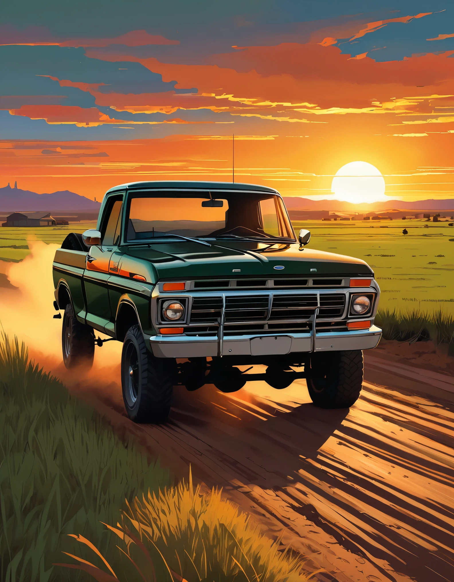 stylized digital art featuring a black Ford T driving down a dusty dirt road through a field during sunset. The sky is painted in warm shades of orange, yellow and red, with the sun low on the horizon. The car is portrayed from the corner, with its shiny black bodywork. Its wheels are classic, with a white stripe, rubberized tire and shiny metal rim that reflects the light of the setting sun. The car's headlights are on. The field is filled with tall grass that sways in the wind. The grass is represented in shades of green and brown, with some lighter areas, which could be an artistic choice to emphasize the intensity of the scene. The overall art style is reminiscent of comic book art, with bold lines and a limited color palette that enhance the dramatic effect of the scene. Art by Dechko Uzunov, highly detailed vector art, Red Dead Redemption art style, at sunset, comic book art, digital Ford T, Martin Ansin, by Evan Charlton, sunset!, by Eddie Mendoza, sunset illustration sun, featured art, digital colorful illustration, (masterpiece), best quality