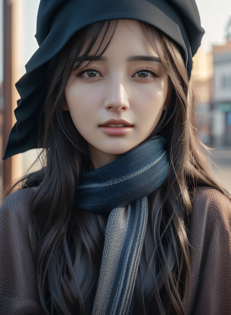 Long-haired Arafad woman wearing hat and scarf, Realistic digital art 4k, Realistic digital art 4k, Soft portrait shots in 8K, photoRealistic art style, photorealistic beautiful face, cinematic realistic portraits, Beautiful digital art work, realistic beautiful face, Realistic art style, 3D rendering character art 8k, Beautiful realistic face, Stunningly realistic graphics