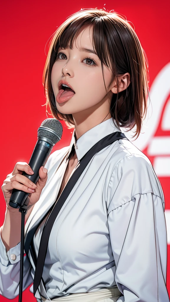 Highest quality, masterpiece,Photorealistic,One person，Sop，Open_moutsideh，microphone，tongue，tongue_outside