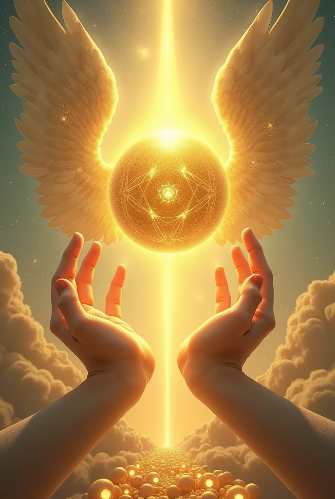 Create a hyper-detailed and ethereal image for the 'Ace of Spheres' card in the 'Lumen Angelis' tarot deck. The image should be inspired by the 'Ace of Pentacles' from the Rider-Waite tarot, but reimagined in an angelic context.
At the center of the card, depict a radiant golden sphere hovering above a celestial landscape. The sphere should be glowing with a divine light, symbolizing material prosperity and spiritual blessings. Surrounding the sphere, delicate angelic hands, emerging from soft clouds, gently cradle the sphere as if offering it to the viewer.
Below the sphere, instead of the traditional garden path, show a pathway made of luminous, floating orbs leading towards a grand archway formed by angelic wings, suggesting the entrance to a heavenly realm. The sky above is filled with a soft golden glow, and faint outlines of angelic figures can be seen watching over, adding a sense of divine protection and guidance.
Include subtle, intricate patterns of sacred geometry within the sphere and in the background, reinforcing the themes of balance, order, and abundance. The overall aesthetic should be majestic and awe-inspiring, capturing the divine essence of prosperity and new beginnings in the angelic realm.