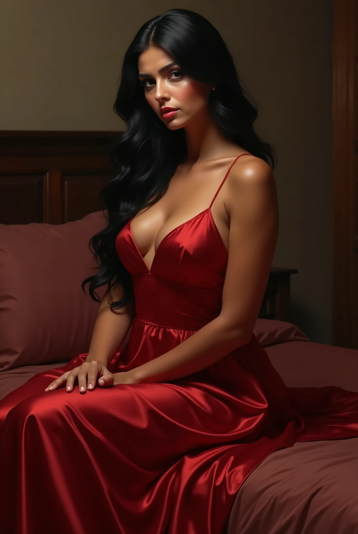 Curvy Indian girl in silky red nightgown