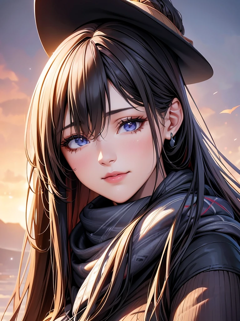 Long-haired Arafad woman wearing hat and scarf, Realistic digital art 4k, Realistic digital art 4k, Soft portrait shots in 8K, photoRealistic art style, photorealistic beautiful face, cinematic realistic portraits, Beautiful digital art work, realistic beautiful face, Realistic art style, 3D rendering character art 8k, Beautiful realistic face, Stunningly realistic graphics