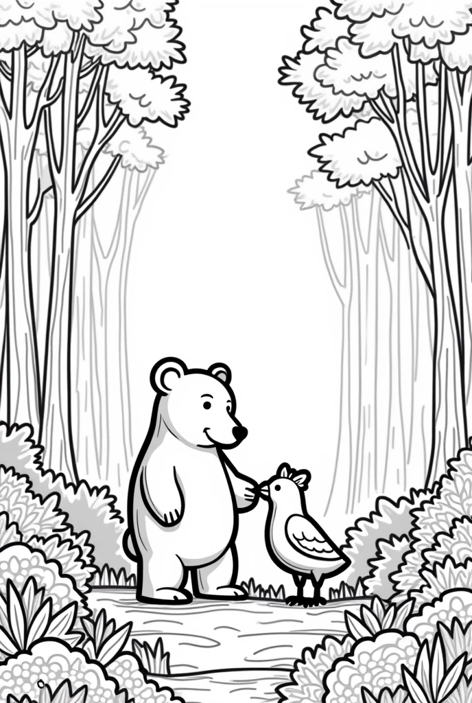 coloring book of a single bear closing deal with a bird in a huge forest, no color, cartoon style, thick lines, strokes only, white background