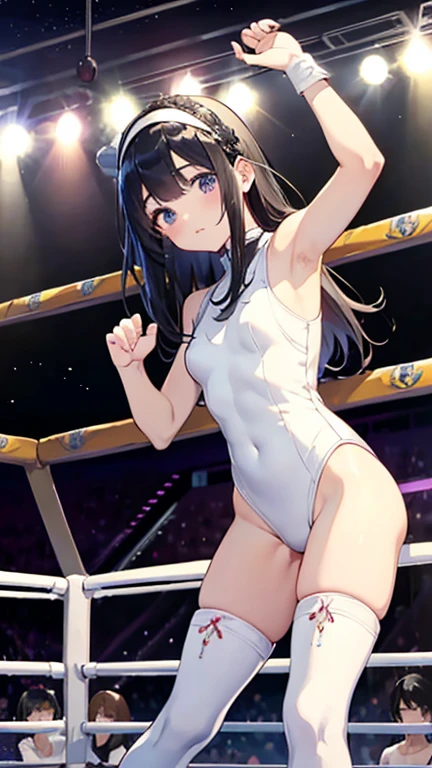 Highest quality、Very delicate and beautiful、I、I、Idol、、Japanese、On top of that、Chiquita、Black Hair、Straight Hair、hair band、((White leotard))、、Standing in the wrestling ring、Wrestling boots,discovery,Professional wrestling matches,The whole body is shown from head to toe