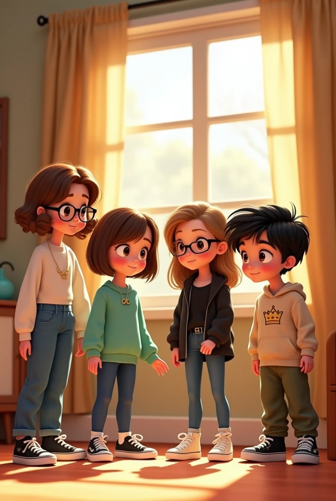 Disney Pixar Disney Pixar style cover with a group of 4 friends of the same age being 3 girls and a boy playing together in a nice room with light colors in warm tones with a large window. The first girl with white skin and short wavy light brown hair, Brown eyes con lentes, dressed in blue pants and a pastel emerald green sweater with black Vans sneakers. The second girl with slightly less white skin, long straight dark brown hair, Brown eyes con lentes, necklace with the letter M, dressed in blue pants, white top, black jacket and black converse sneakers. The third girl with light brown shoulder-length straight hair, Brown eyes, wearing beige pants, black top, white sweater with a small crown on the head and white sneakers. The boy with short wavy black hair, dark slanted Chinese eyes, olive green pants dress and beige sweatshirt with white sneakers.