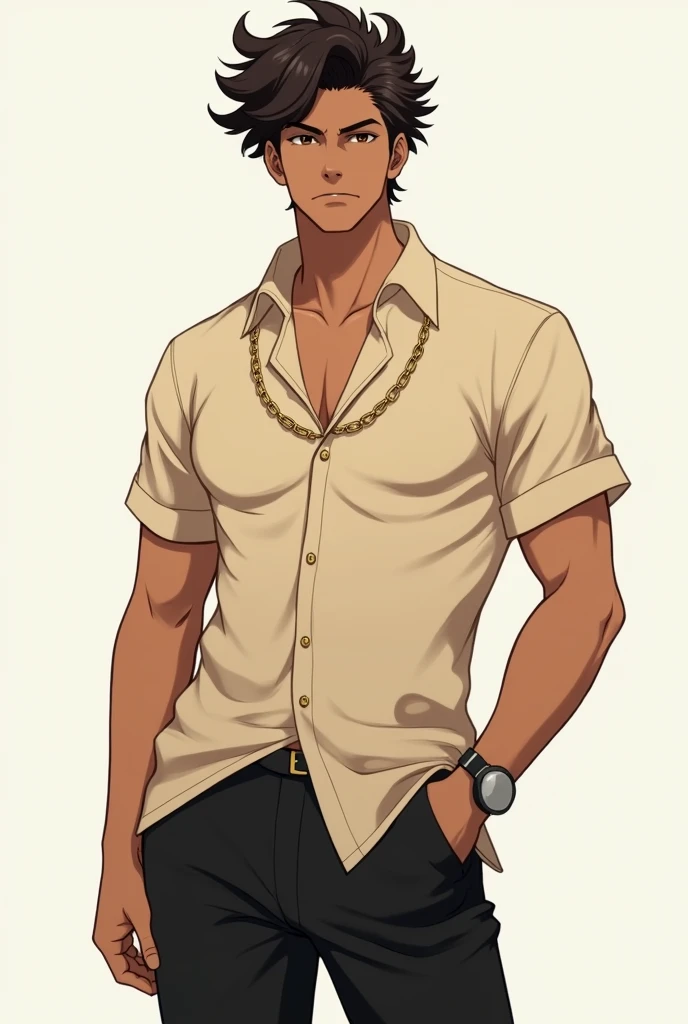 Create an anime character with curly hair wearing a beige polo shirt with a chain and black pants and brown skin masculino