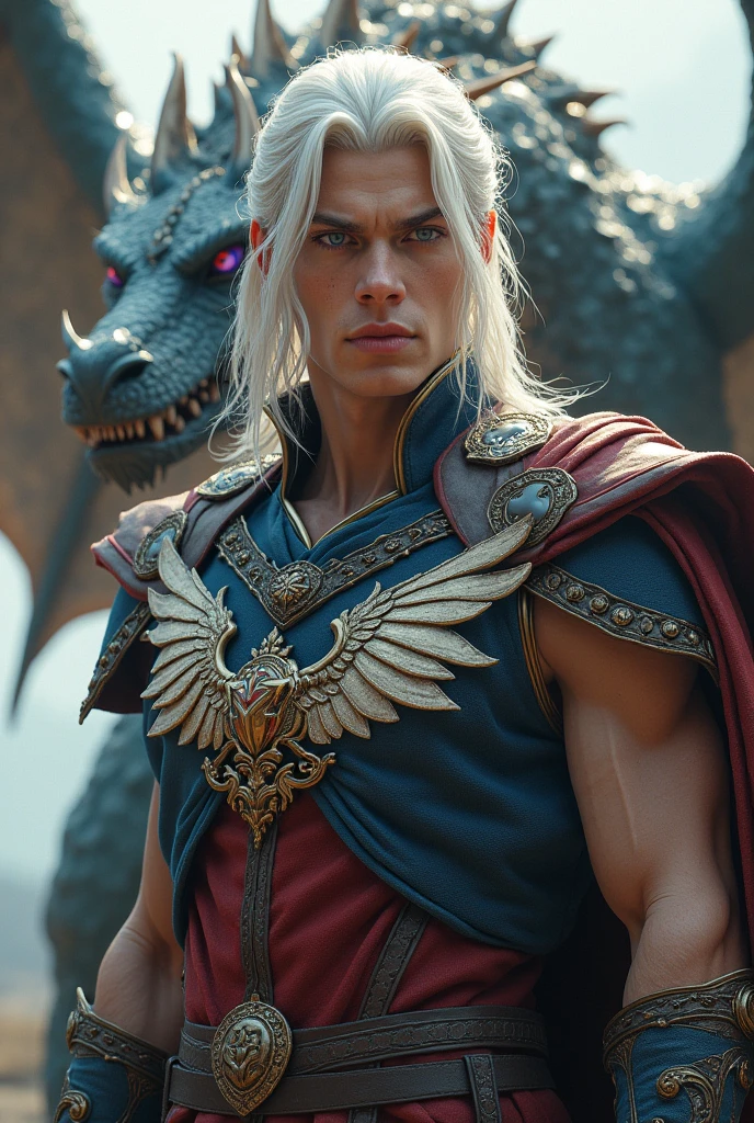 A white-skinned prince, Medium length white hair with red tips. Blue eyes, pink lips and a dragon behind him. He will have a warrior's outfit and on the chest of his outfit there will be the logo of a dragon head and an American national wing.