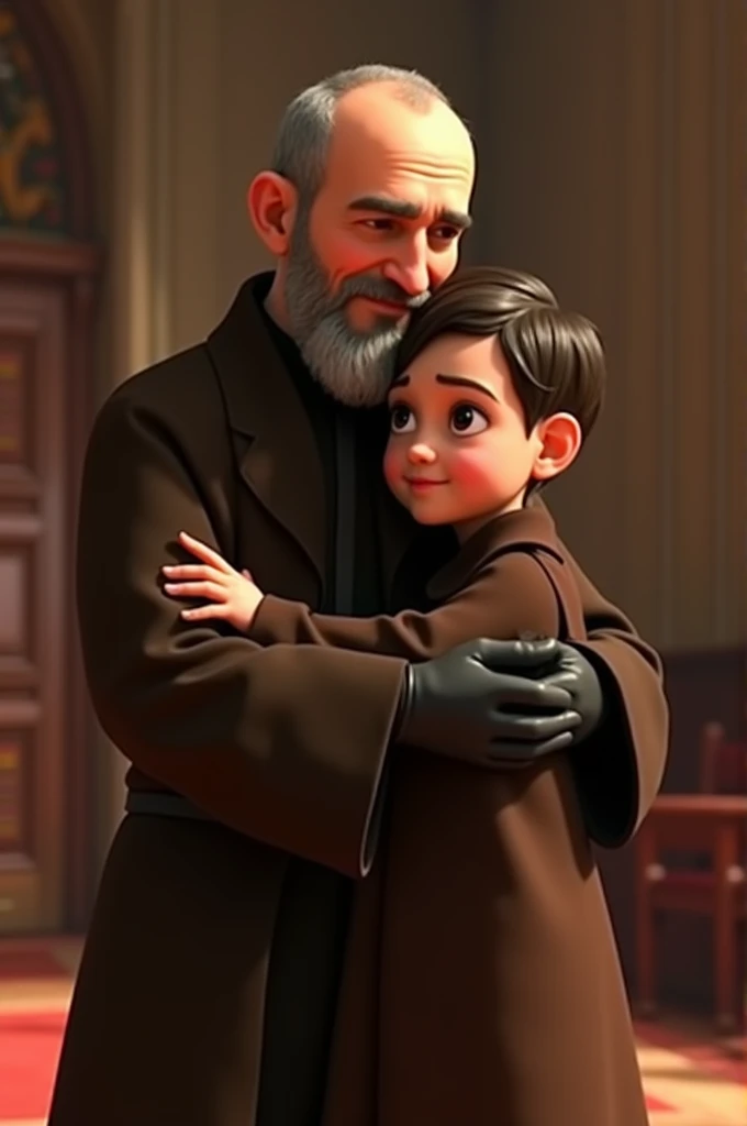 
Create the character of Padre Pio with his brown habit and black gloves and white beard with a loving look hugging a 2-year-old child on his lap, who has dark brown hair and white skin. They are in the church in the Pixar style