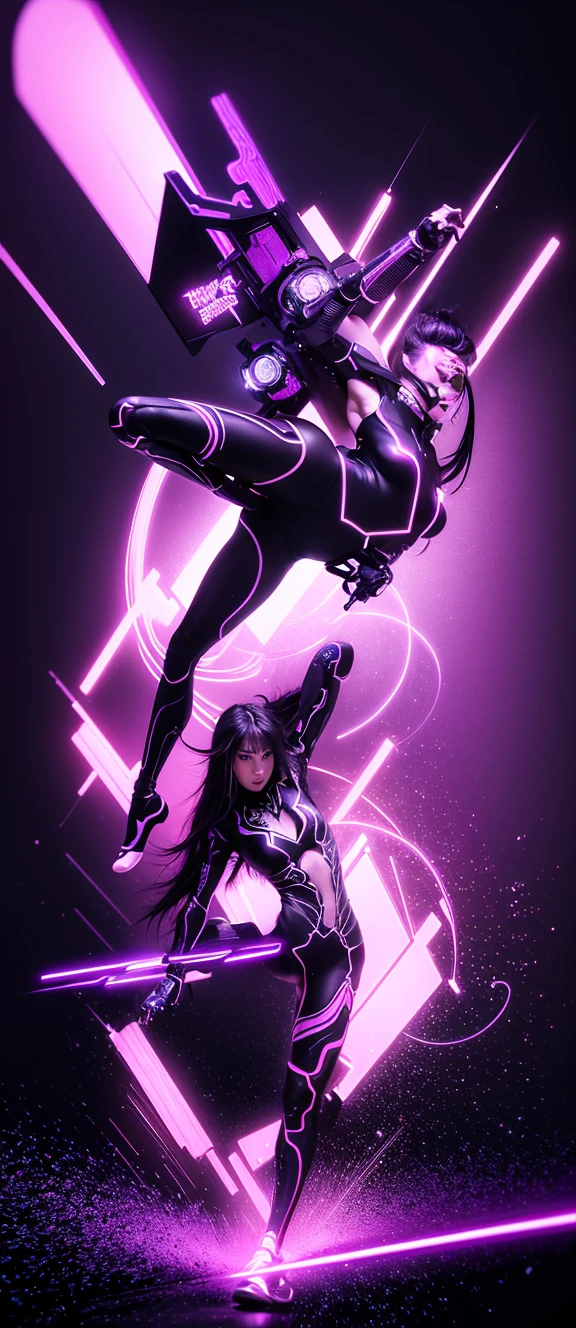 black background, purple neon lighting. a beautiful mechanical woman with a strange appearance doing a flying kick, style of minimalism, art photography, high resolution, hyper realistic --style raw