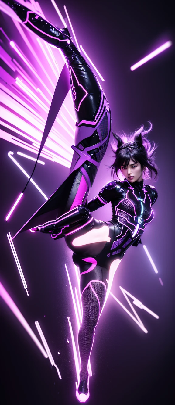 black background, purple neon lighting. a beautiful mechanical woman with a strange appearance doing a flying kick, style of minimalism, art photography, high resolution, hyper realistic --style raw