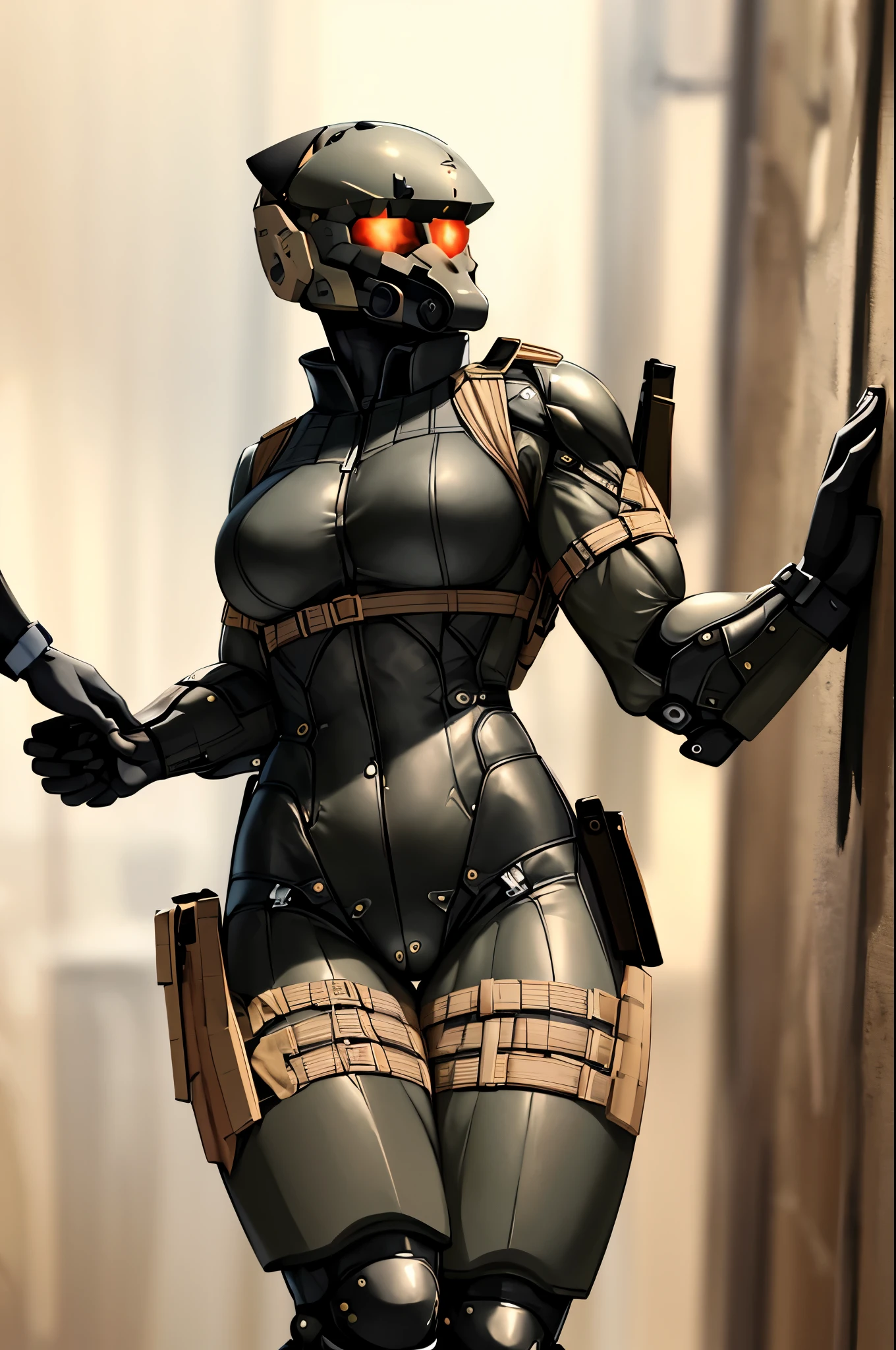 A female Haven Trooper is depicted in this artwork. She is shown in an action-packed scene where she is being forcefully grabbed and groped from behind. The viewer can sense the tension and urgency of the moment. The Haven Trooper is wearing her characteristic armor and helmet, her face cannot be seen under her helmet and suit.  Sex, and penetration are imminent . Flat shading.  Violent grabbing and groping, squeezing.  Front and back view