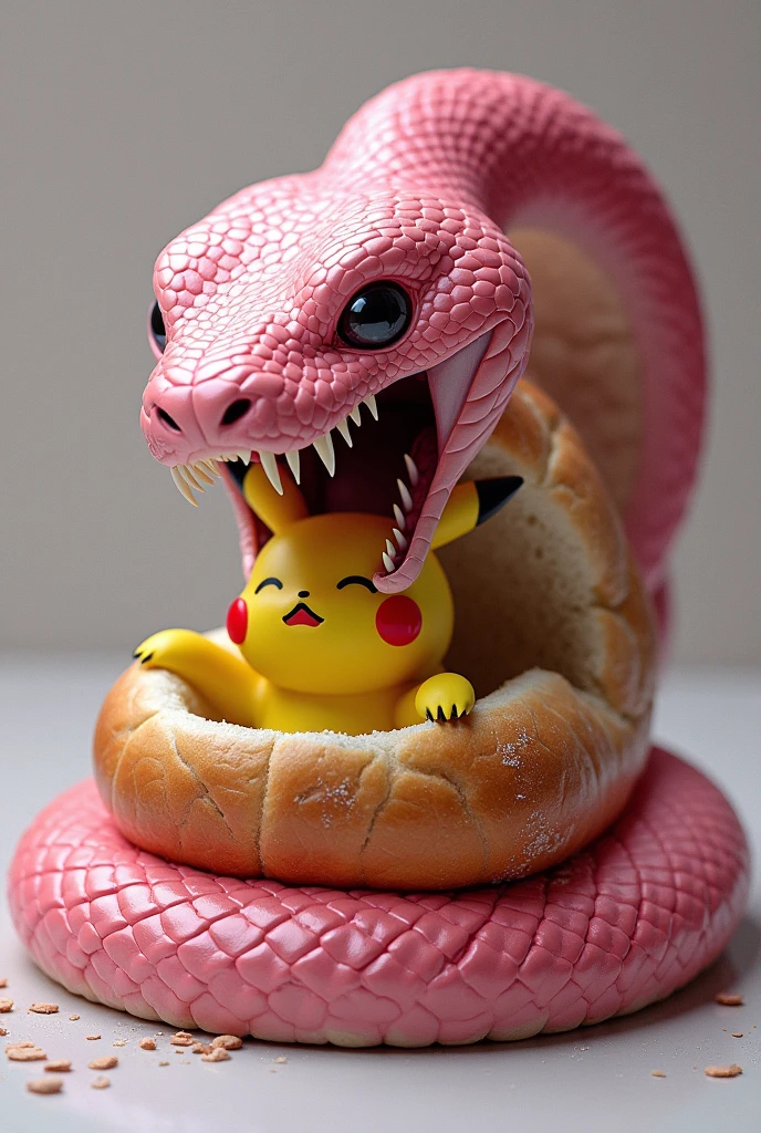 a pink snake aggressively eating a bread stuffed with a dead pikachu inside