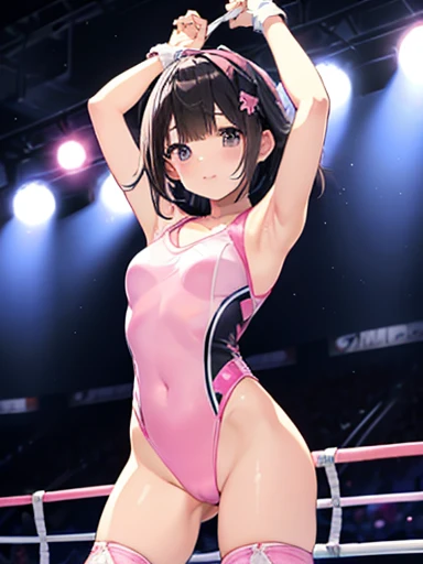 Highest quality、Very delicate and beautiful、I、I、Idol、、Japanese、in addition、Chiquita、Black short hair、((White and pink leotard))、、Standing in a wrestling ring、Wrestling boots,discovery,Professional wrestling matches