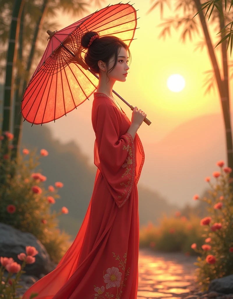 Create a digital illustration in 8K Ultra HD resolution,Depicts a young woman in her late teens or early twenties.。She stood on a quiet mountain path,The setting sun shines,Looking far away,Gently holding a traditional oil-paper umbrella in hand。The umbrella is decorated with elegant plum blossom patterns,Oily paper texture is real,Reveals detailed texture and shimmer in soft evening light。The woman looks weak and lovable,Exuding a fragile yet tough beauty。
Her outfit is inspired by Chinese TV series《Lotus Tower》Li Lianhua in,Emphasize her softness and gentleness。She wore a bright red strapless gown,This robe is brightly colored and full of layers,Exudes a warm and slightly tender feeling。The fabric shows changing luster under different lights,Makes the whole robe look as smooth and soft as silk,When blowing slightly in the wind,Exudes a light pearlescent luster。The embroidery pattern of the robe is delicately rendered in golden lines,It looks particularly gorgeous and layered on the bright red background.,Delicately depict the elegance of traditional Chinese aesthetics。The bright red fabric of the robe complements the gold embroidery,The overall effect is both classic and soft.,Perfectly showing her dignity and elegance。
She has a slender figure,Light movements,Skin is delicate and smooth as porcelain,Hair pulled into a bun casually,A few strands of fine hair fall naturally around her face,Adds a sense of soft beauty,The texture of hair seems real and touchable。
The woman's face is beautiful,Soft facial features,The eyes reveal deep longing and expectation。She looked back,There is a hint of surprise and desire in the expression,As if I thought my old friend had returned。Her eyes sparkled with tears in the sunset,Skin appears transparent and soft under the warm sunlight,The corners of the mouth are slightly raised,A trace of imperceptible sadness。However,At that moment, his expression quickly turned to disappointment.,Because the person she expected didn't show up。Even though she looks weak,But the eyes reveal a kind of independence and strong strength,As if in the years of living alone,She has learned how to go on with strength。
The background is set on a quiet mountain road,The afterglow of the setting sun dyes the entire scene with golden light and shadow。The light is real and warm,The mountains in the distance and the remaining clouds on the horizon look and beautiful。The path is lined with low bamboo forests and scattered wild flowers.,blowing with the evening wind,The texture and real details of bamboo leaves and wildflowers are clearly visible。The entire screen presents unparalleled resolution,Details remain clear and realistic even when zoomed in,Make this image look great on the big screen or up close,All display stunning picture quality。