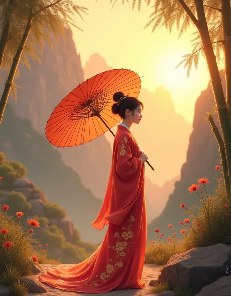 Create a digital illustration in 8K Ultra HD resolution,Depicts a young woman in her late teens or early twenties.。She stood on a quiet mountain path,The setting sun shines,Looking far away,Gently holding a traditional oil-paper umbrella in hand。The umbrella is decorated with elegant plum blossom patterns,Oily paper texture is real,Reveals detailed texture and shimmer in soft evening light。The woman looks weak and lovable,Exuding a fragile yet tough beauty。
Her outfit is inspired by Chinese TV series《Lotus Tower》Li Lianhua in,Emphasize her softness and gentleness。She wore a bright red strapless gown,This robe is brightly colored and full of layers,Exudes a warm and slightly tender feeling。The fabric shows changing luster under different lights,Makes the whole robe look as smooth and soft as silk,When blowing slightly in the wind,Exudes a light pearlescent luster。The embroidery pattern of the robe is delicately rendered in golden lines,It looks particularly gorgeous and layered on the bright red background.,Delicately depict the elegance of traditional Chinese aesthetics。The bright red fabric of the robe complements the gold embroidery,The overall effect is both classic and soft.,Perfectly showing her dignity and elegance。
She has a slender figure,Light movements,Skin is delicate and smooth as porcelain,Hair pulled into a bun casually,A few strands of fine hair fall naturally around her face,Adds a sense of soft beauty,The texture of hair seems real and touchable。
The woman's face is beautiful,Soft facial features,The eyes reveal deep longing and expectation。She looked back,There is a hint of surprise and desire in the expression,As if I thought my old friend had returned。Her eyes sparkled with tears in the sunset,Skin appears transparent and soft under the warm sunlight,The corners of the mouth are slightly raised,A trace of imperceptible sadness。However,At that moment, his expression quickly turned to disappointment.,Because the person she expected didn't show up。Even though she looks weak,But the eyes reveal a kind of independence and strong strength,As if in the years of living alone,She has learned how to go on with strength。
The background is set on a quiet mountain road,The afterglow of the setting sun dyes the entire scene with golden light and shadow。The light is real and warm,The mountains in the distance and the remaining clouds on the horizon look and beautiful。The path is lined with low bamboo forests and scattered wild flowers.,blowing with the evening wind,The texture and real details of bamboo leaves and wildflowers are clearly visible。The entire screen presents unparalleled resolution,Details remain clear and realistic even when zoomed in,Make this image look great on the big screen or up close,All display stunning picture quality。