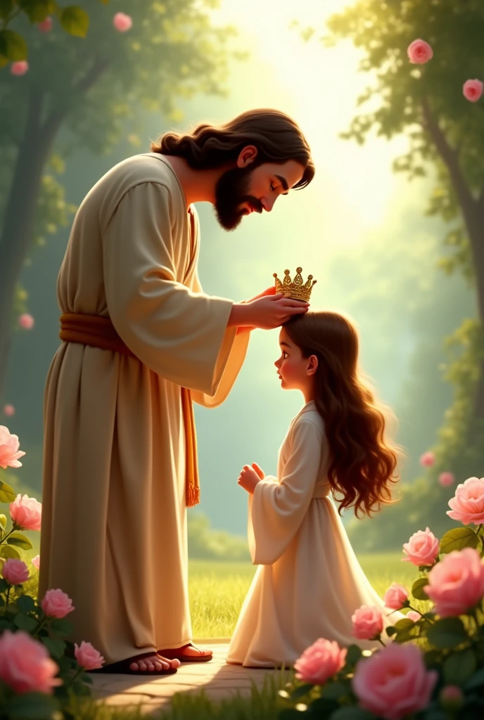 a kneeling girl in white clothes and a crown, drawing in the Disney Pixar style, in a dress with sleeves, big, flowing hair, brownhair, She is with Jesus and Jesus is placing the crown on her head, place surrounded by pink roses and lilies