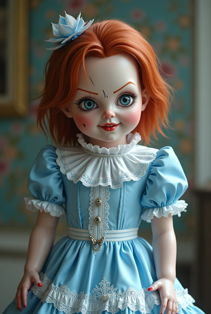 Create me a picture of chuky wearing a blue and white lolita dress