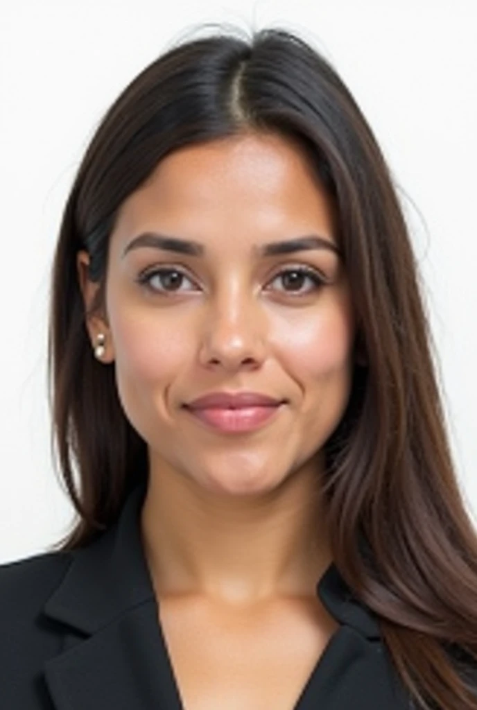 generate a 3x4 color photo for document with the following specifications:The photo must be of a Brazilian woman, in size 3x4 cm, with a minimum resolution of 300 dpi, white background, uniform lighting, and the face centered, with the head straight and not tilted. Use neutral facial expression, Serious facial expression.